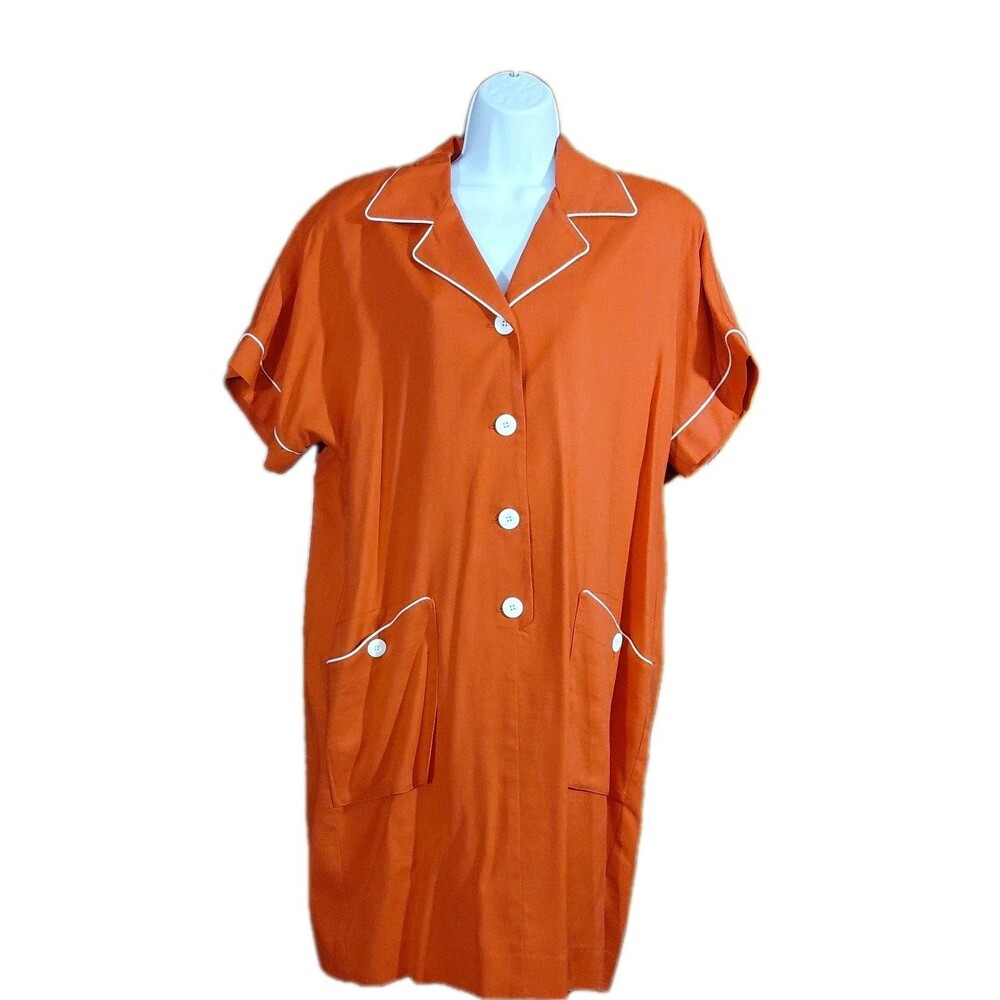 Vtg Sandra Ow-Wing Linen Blend Orange-Red Lined Button Pockets Housedress 12
